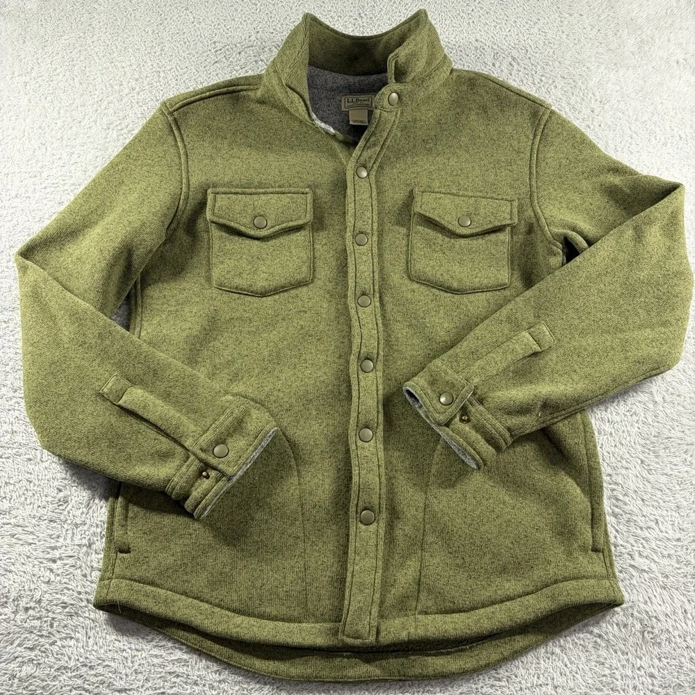 L.L Bean Snap Up Sweater Shirt‎ Mens Medium Heather Green Chore Pockets Utility
